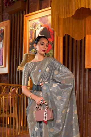 Grey Tussar Silk Handloom Weaving Saree_Kumari Sarees