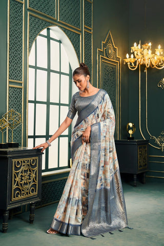 Grey Modal Cotton Saree With Digital Print_Kumari sarees