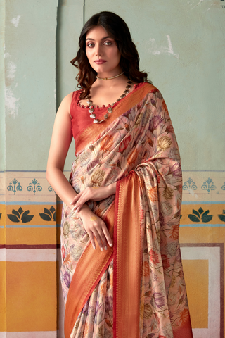 Orange & Pink Pure Handloom Tissue Silk Saree_Kumari Sarees