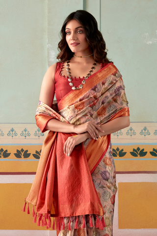 Orange & Pink Pure Handloom Tissue Silk Saree_Kumari Sarees