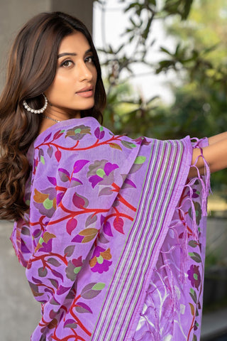 Lavender Soft Cotton Floral Jamdani Saree_Kumari Sarees