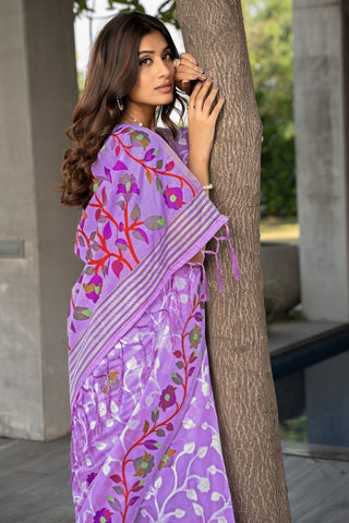 Lavender Soft Cotton Floral Jamdani Saree_Kumari Sarees