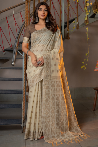 Light Brown Soft Cotton Jamdani Saree_Kumari Sarees