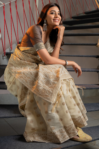 Light Brown Soft Cotton Jamdani Saree_Kumari Sarees