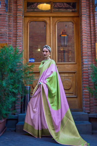 Lavender & Green Soft Silk Handloom Weaving Saree_Kumari Sarees