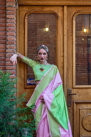 Lavender & Green Soft Silk Handloom Weaving Saree_Kumari Sarees