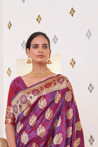Lavender Pure Satin Weaving Silk Saree_Kumari Sarees