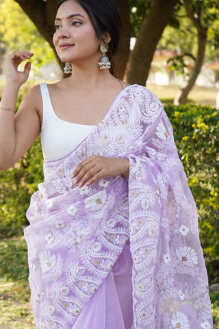 Lavender Organza Silk Saree_Kumari Sarees