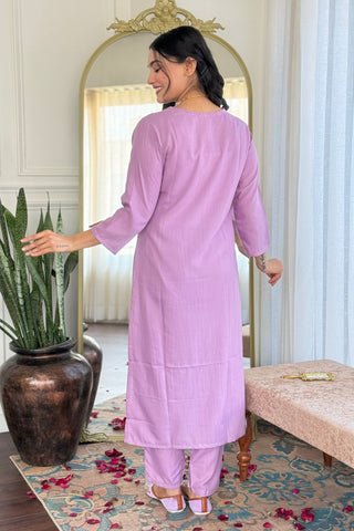 Lavender Viscose Slub Embroidery Kurta Set_Kumari Sarees