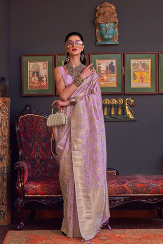 Lavender Pure Katan Handloom Weaving Silk Saree_Kumari Sarees