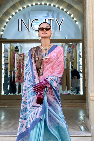 Light Blue Digital Print Satin Crepe Saree_Kumari Sarees