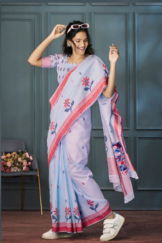 Light Blue Handloom Linen Saree_Kumari Sarees