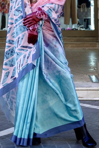 Light Blue Digital Print Satin Crepe Saree_Kumari Sarees