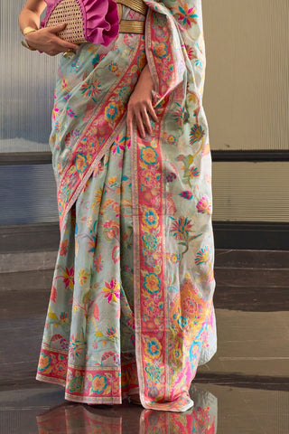 Light Blue Kashmiri Modal Handloom Weaving Saree_Kumari Sarees