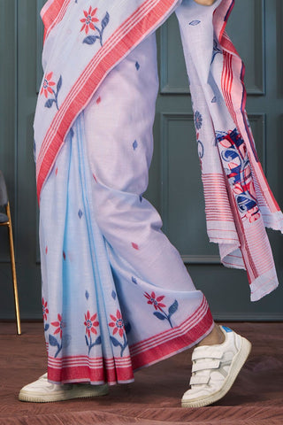 Light Blue Handloom Linen Saree_Kumari Sarees
