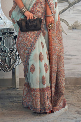 Light Blue Modal Heavy Kashmiri Handloom Weaving Saree_Kumari Sarees