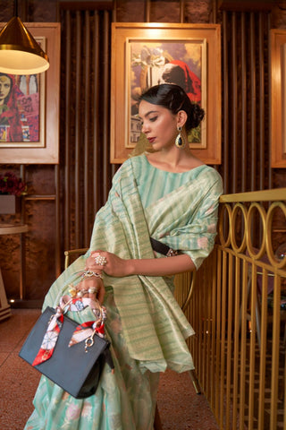 Light Blue Multi - Linen Handloom Weaving Saree_Kumari Sarees