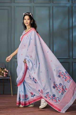 Light Blue Handloom Linen Saree_Kumari Sarees