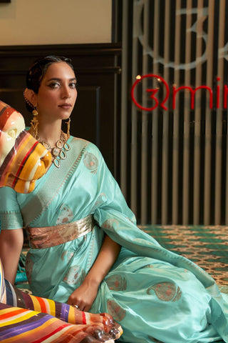 Light Blue Nylon Pure Satin Weaving Silk Saree_Kumari Sarees