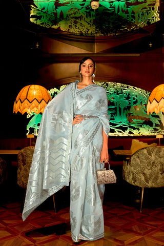 Light Blue Modal Flat Zari Handloom Weaving Saree_Kumari Sarees