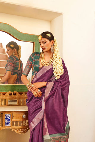 Light Maroon Handloom Tussar Silk Saree_Kumari Sarees