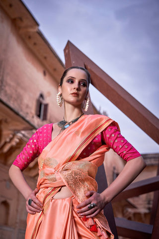 Light Orange Pure Satin With Zari Weaving Saree