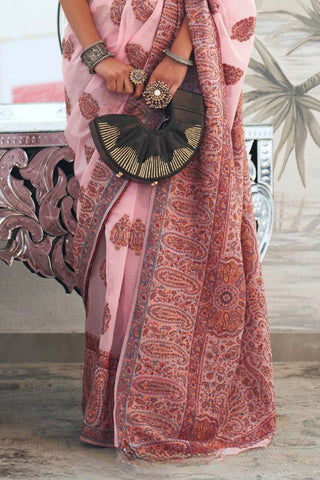 Light Pink Modal Heavy Kashmiri Handloom Weaving Saree_Kumari Sarees