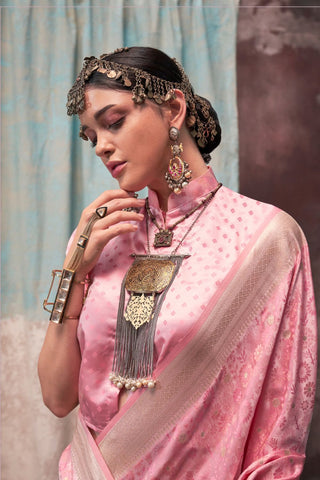 Light PinkPure Satin Handloom Weaving Silk Saree_Kumari Sarees