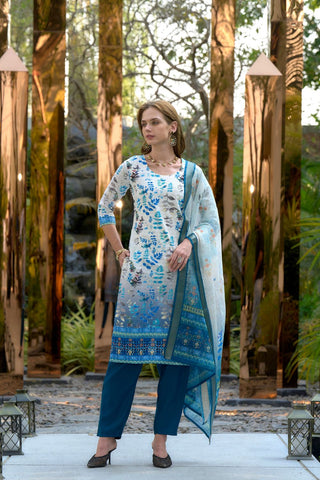 Light Blue Cotton With Print Kurta Set