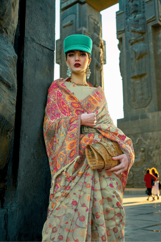 Light Green Organza Kashmiri Handloom Saree_Kumari Sarees