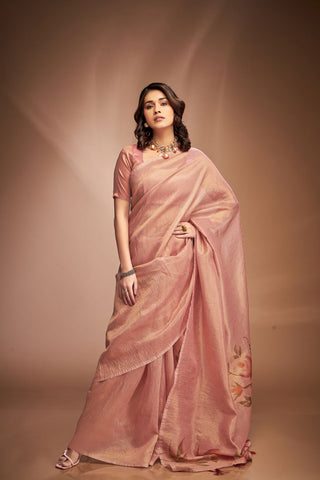 Light Pink Zari base Crushed Tissue Saree
