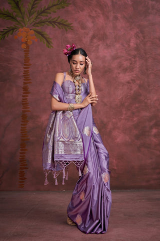 Lilac Pure Satin Handloom Weaving Silk Saree_Kumari Sarees