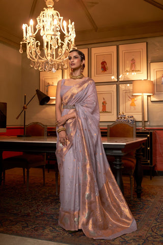 Lilac Modal Copper Zari Handloom Weaving Saree_Kumari Sarees