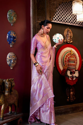 Lilac Pure Satin Handloom Weaving Saree_Kumari Sarees