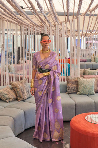 Lilac Pure Satin Copper Zari  Weaving Saree_Kumari Sarees