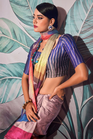 Lilac Satin Crepe With Digital Print Saree_Kumari Sarees