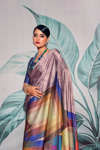Lilac Satin Crepe With Digital Print Saree_Kumari Sarees