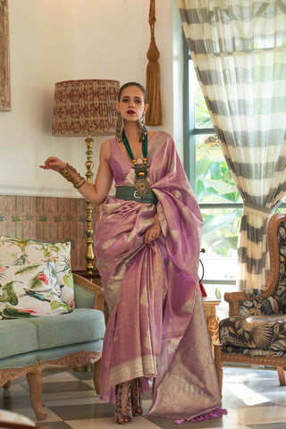 Lilac Satin Tissue Nylon Handloom Weaving Saree_Kumari Sarees
