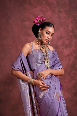 Lilac Pure Satin Handloom Weaving Silk Saree_Kumari Sarees