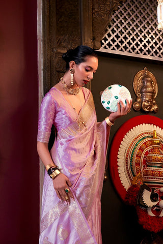 Lilac Pure Satin Handloom Weaving Saree_Kumari Sarees