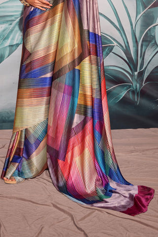 Lilac Satin Crepe With Digital Print Saree_Kumari Sarees