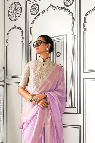 Lilac Moss Chiffon Handloom Weaving Saree_Kumari Sarees