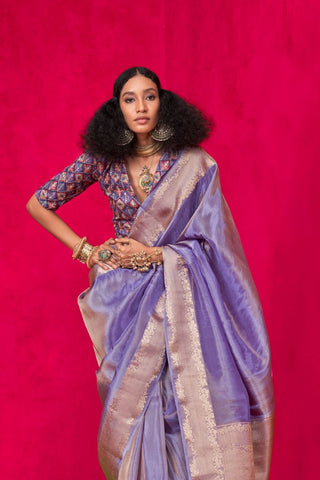 Lilac Pure Zari Tissue Handloom Silk Saree_Kumari Sarees