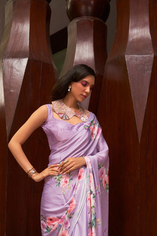 Lilac Digital Printed Satin Crepe Saree_Kumari Sarees