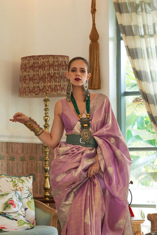 Lilac Satin Tissue Nylon Handloom Weaving Saree_Kumari Sarees
