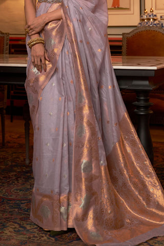 Lilac Modal Copper Zari Handloom Weaving Saree_Kumari Sarees