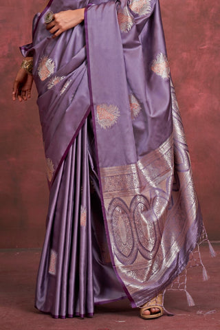 Lilac Pure Satin Handloom Weaving Silk Saree_Kumari Sarees