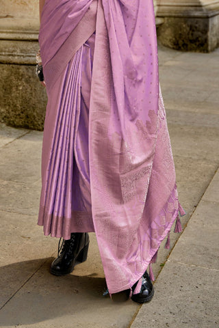 Lilac Pure Satin Nylon Handloom Weaving Silk Saree_Kumari Sarees
