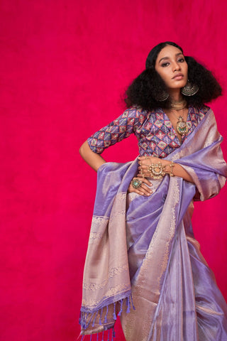 Lilac Pure Zari Tissue Handloom Silk Saree_Kumari Sarees