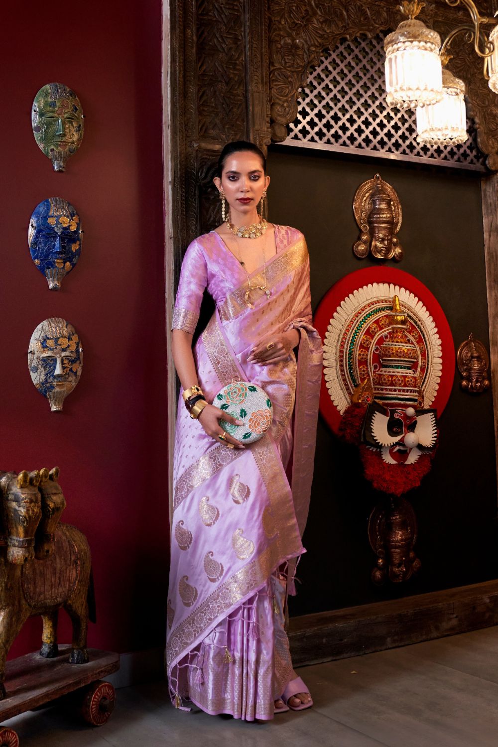 Lilac Digital Printed Satin Silk Saree
